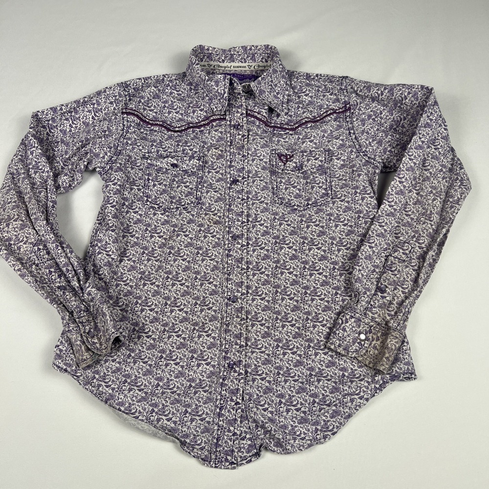 Cowgirl Hardware Womens Purple Floral Paisley Western Pearl Snap Horse Shirt L
